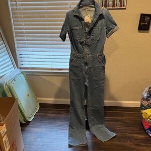 Denim Zip-Front Jumpsuit in Medium Blue